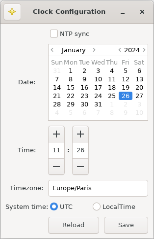 Clock configuration utility screenshot.